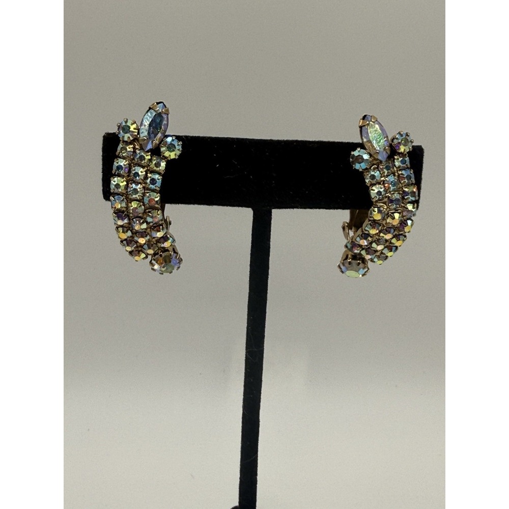 Vintage Rhinestone Earrings Clip On Gold Tone AB Climber